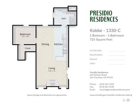Floor plan for 1 bed, 1 bath, 630 sqft